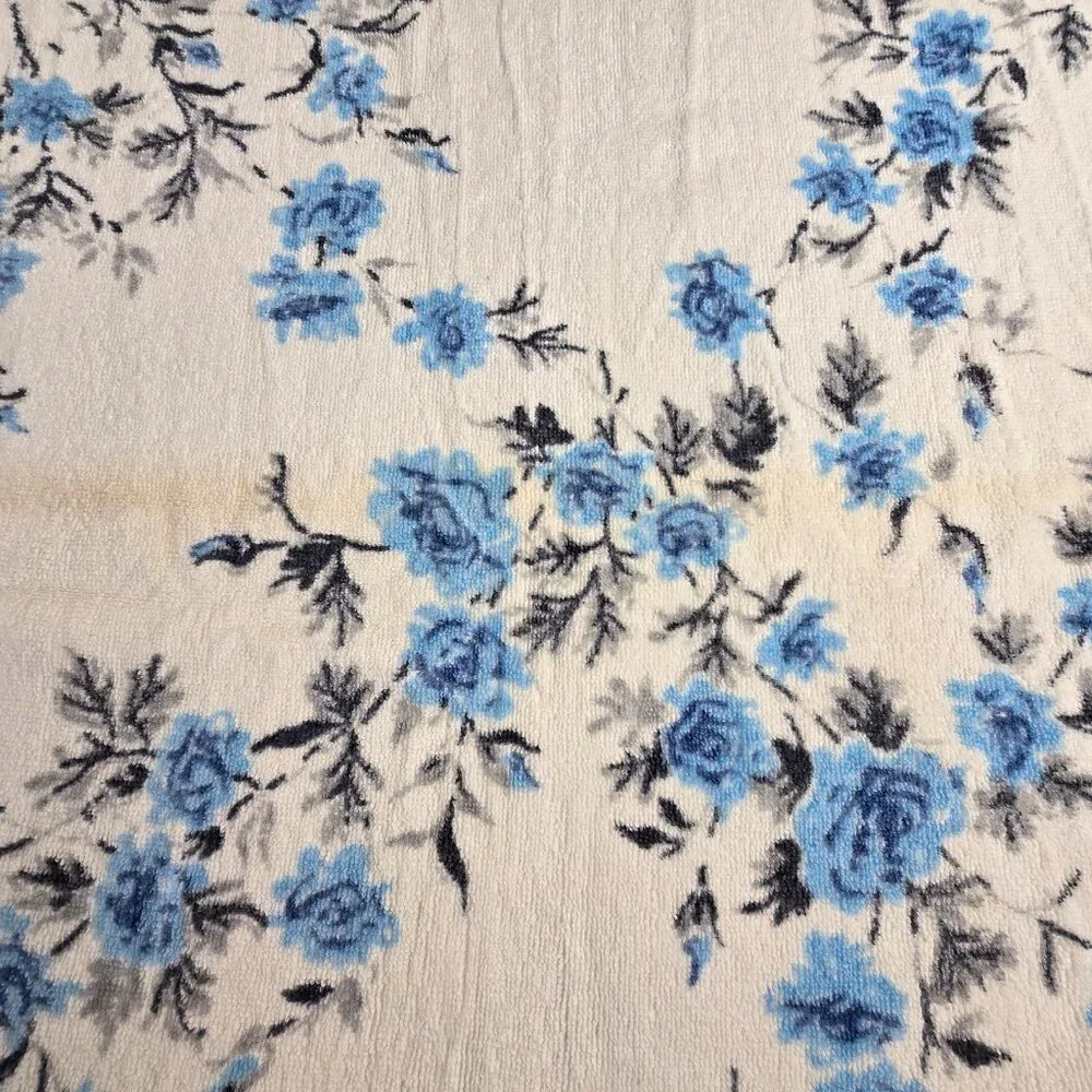Vintage Bath Towel Blue Rose Floral Fringe Martex USA 23x47 70s Cottagecore Boho